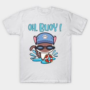 Funny White Cat swimming with a Buoy - Pun Intended T-Shirt